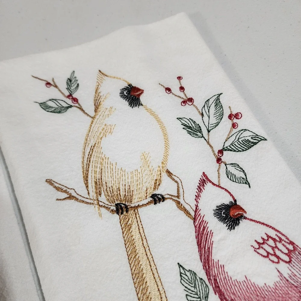 Cardinal Bird Embroidered Cotton Tea Towels Set of 2 White